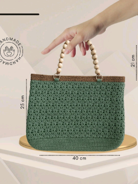 Ahşap Boncuklu Modern El Çantası  Yeşil