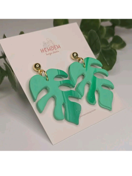 Polimer Kil Green Mix Monstera Leaf Küpe Deniz Yeşili