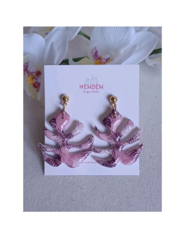 Polimer Kil Pink Monstera Leaf Küpe  Pembe