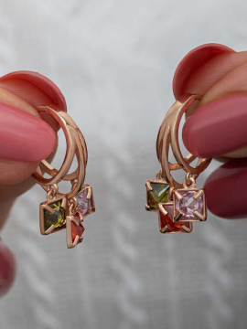 Gümüş Sallantılı Mix Taşlı Halka Kadın Küpe Pembe