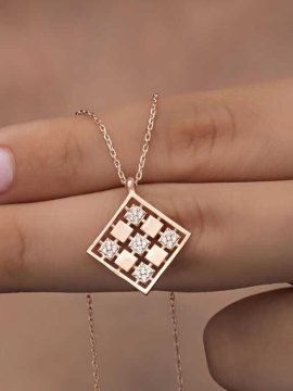 Gümüş Rose Dörtgen Zirkon Taşlı Kadın Kolye Pembe