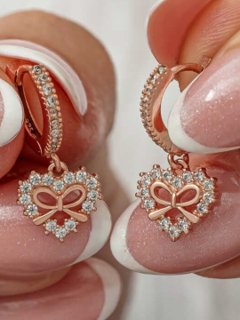 Gümüş Rose Kalp Kurdele Sallantılı Kadın Küpe Pembe