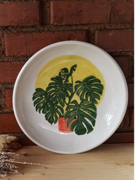 Monstera Desenli Seramik Tabak Çok Renkli