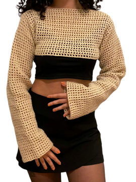 El Örgüsü Cotton Bolero-sleeves-croptop Bluz Bej