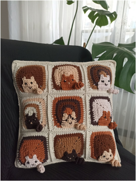 Kahve Kedi Motifli Örgü Kırlent Kılıfı, Kedili Yastık Kahverengi