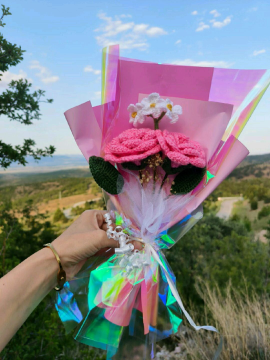 Örgü Pembe Gül Buketi  Pembe
