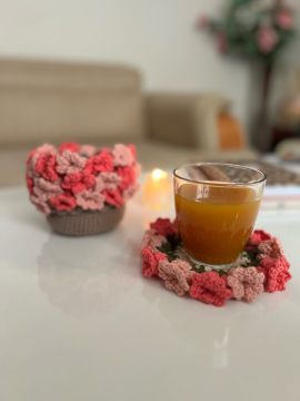 Çiçekli Ve Saksılı Bardak Altlığı Pembe