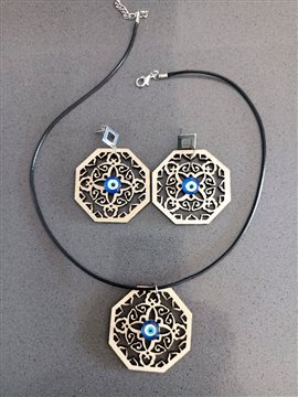 Ahşap Nazar Boncuklu Kolye Küpe Set  Bej