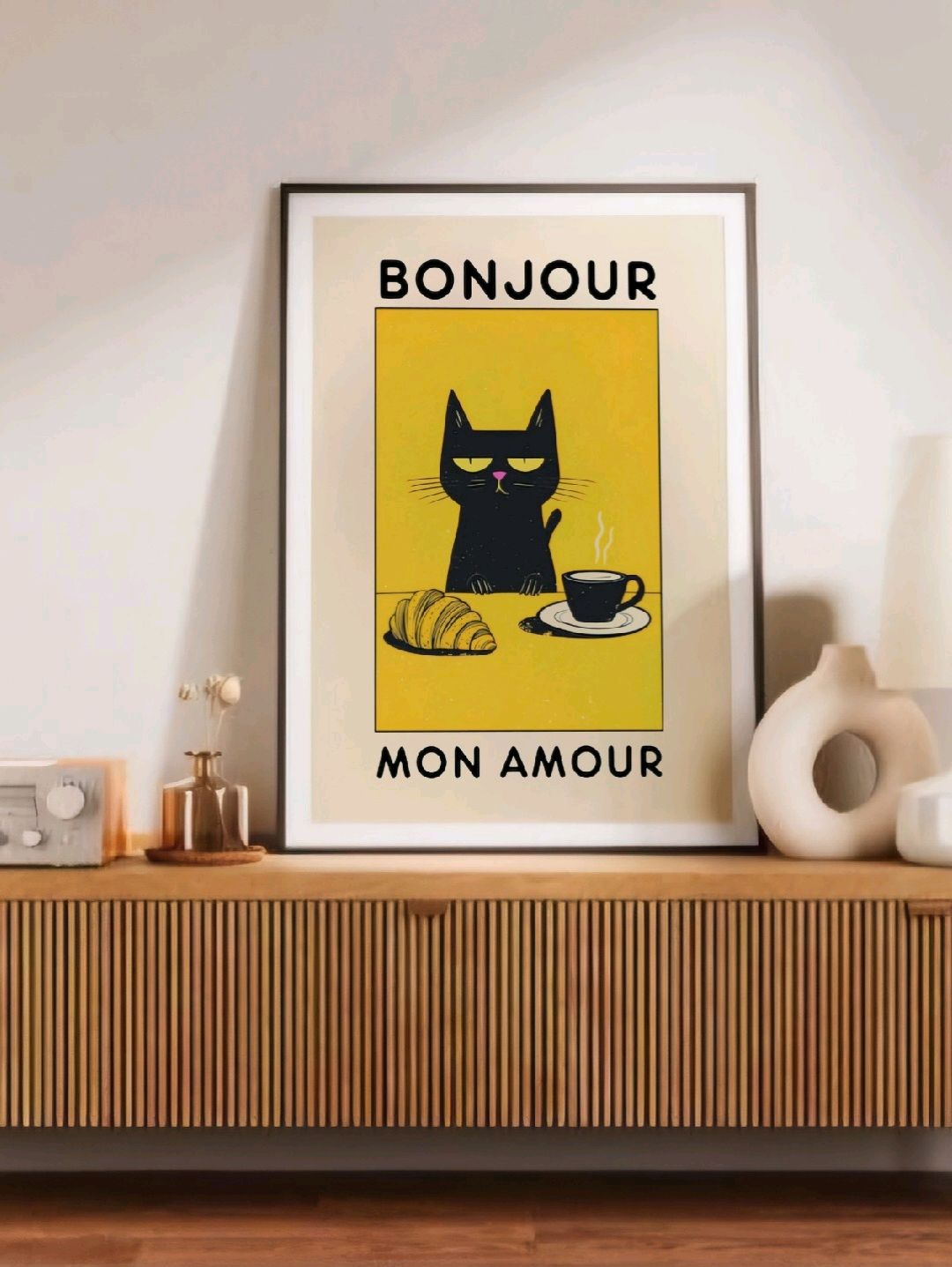 bonjour-siyah-kedi-poster-cercevesiz-cok-renkli