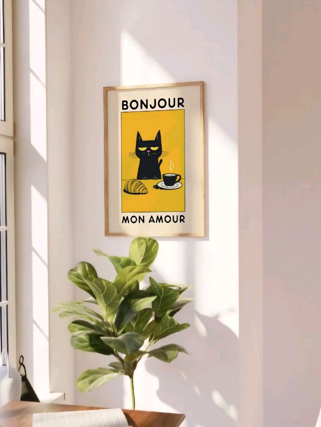 bonjour-siyah-kedi-poster-cercevesiz-cok-renkli