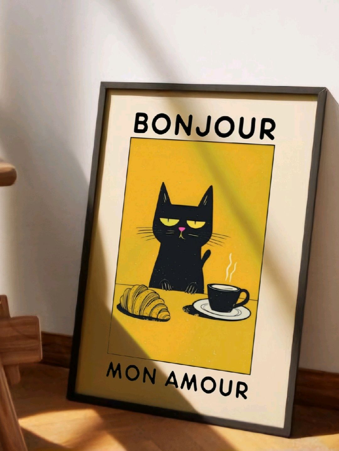 bonjour-siyah-kedi-poster-cercevesiz-cok-renkli