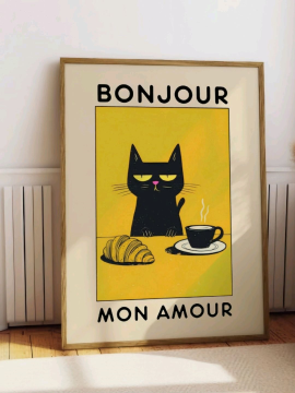 Bonjour Siyah Kedi Poster Çerçevesiz  Çok Renkli
