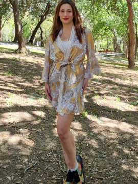 Şal Desenli Hardal Sarısı Saten Kimono Hardal Rengi