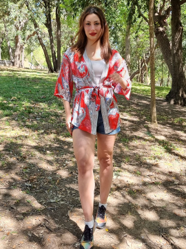 Şal Desenli Kimono Şort Set Kırmızı