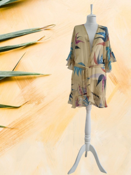Çiçek Desenli Fırfırlı Şifon Kimono Sarı