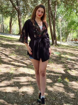 Nakışlı Siyah Şilebezi Kimono Elbise Siyah