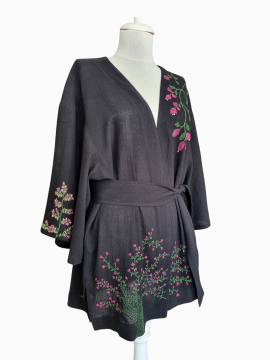 Çiçek Nakışlı Şilebezi Kimono Elbise Siyah