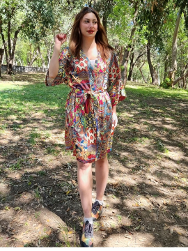 Otantik Desenli Saten Kimono Çok Renkli