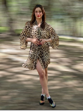 Leopar Desenli Şifon Kimono Bej