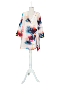 Fırça Desenli Saten Kimono Beyaz