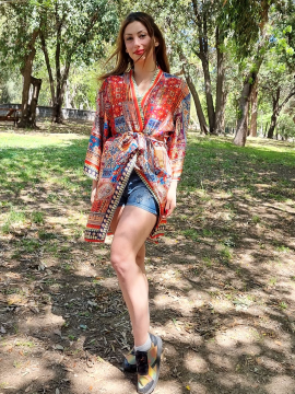 Etnik Desenli Kırmızı Saten Kimono Kırmızı
