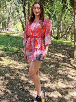 Çiçek Desenli Kimono Şort Takım Kırmızı