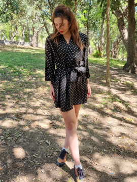 Sim Puantiye Siyah Kimono Elbise Siyah