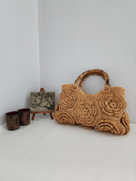 Çiçek Motifli, Bambu Saplı, Camel Renkı, Kağıt İp, Kadın El Çantası