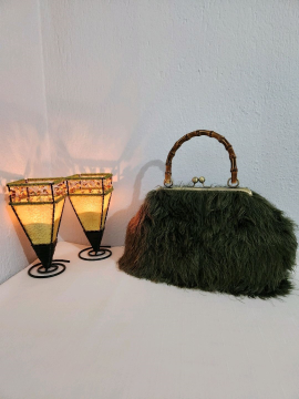 Bambu Saplı,antik Sarı Klipsli,yeşil,peluş,kadın El Çantası Koyu Yeşil