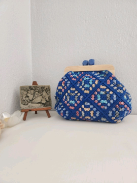 Retro,  Motifli, Ahşap Burslu,  Kadın El Çantası  Saks Mavi