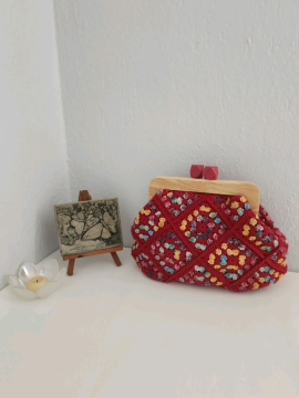 Retro,  Motifli,  Ahşap Burslu,  Kadın El Çantası  Bordo