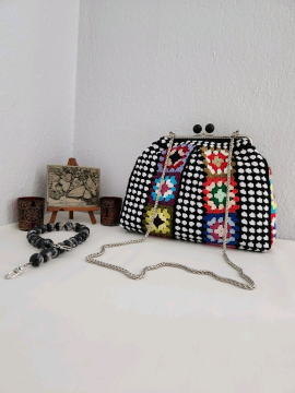 Vintage, Motifli, Metalik Klipsli, Kadın El Çantası 
 Çok Renkli