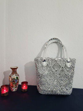Lacebag, Metalik İp, Gümüş, Dantel, Işıltılı Kadın Omuz Çantası Gümüş