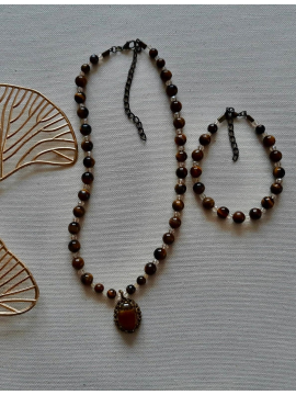 Tiger Eye Doğal Taş Kolye Seti Kahverengi