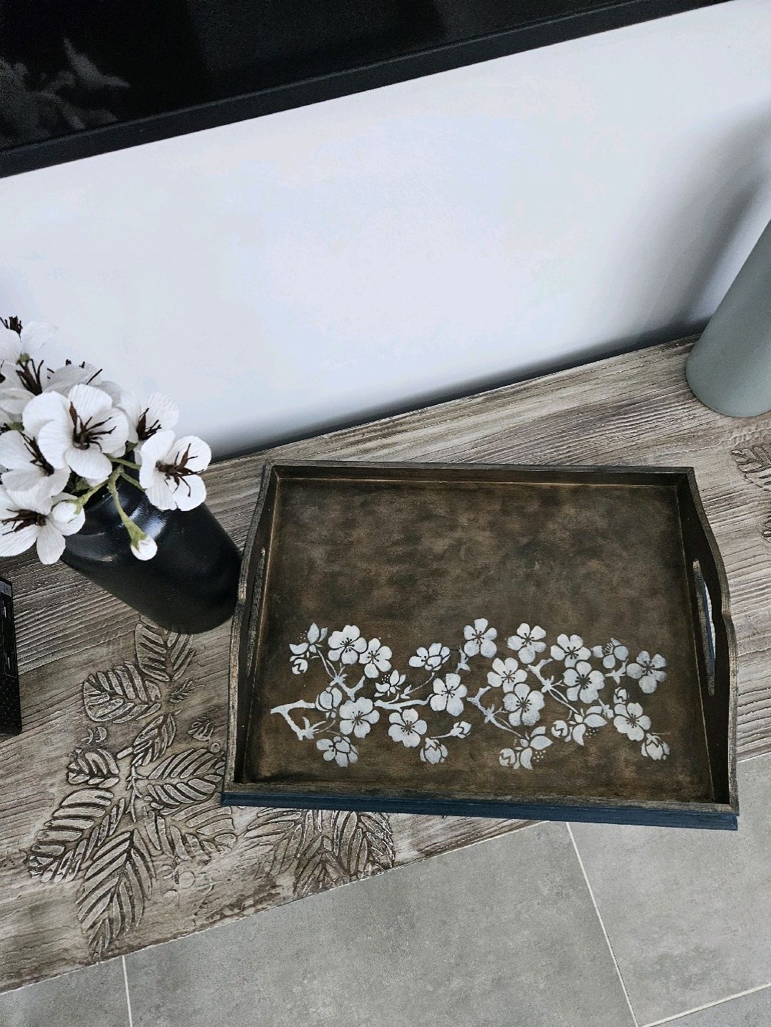 vintage-blossom-el-yapimi-ahsap-tepsi-koyu-kahverengi