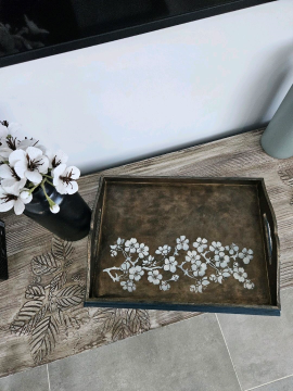 Vintage Blossom El Yapımı Ahşap Tepsi Koyu Kahverengi
