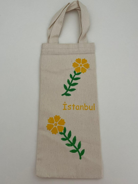 Çiçek Desenli Tahta Baskı Şişe Çantası