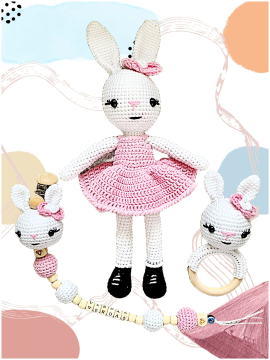 Amigurumi Uzun Kulak Elbiseli Tavşan Uyku Arkadaşı 3'lü Set Beyaz