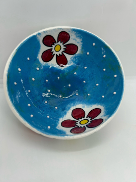 Kabartmalı, Bahar Temalı Çini Kase Çok Renkli