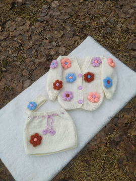 Çiçekli Hırka, Etek,bandana Takımı  Krem Rengi