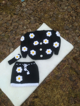 Çiçekli Hırka Etek Bandana Takımı  Siyah