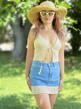 Crop Bluz Bağlamalı El Örgüsü Krem Rengi