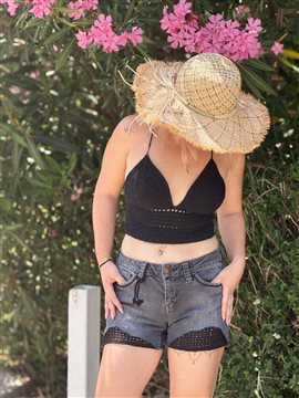 Crop Bluz Bağlamalı El Örgü  Siyah