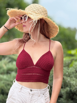 Crop Bluz Bağlamalı El Örgüsü Bordo Bordo