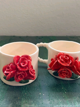 El Yapimi Seramik Gullu Kupa Mug Double Cay Kahve Fincani Kırmızı