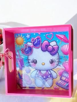 Ahşap Hello Kitty  Çocuk Tepsisi Simli 20 X 20 Cm Pembe
