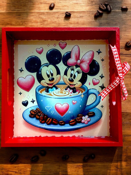 Ahşap  Mickey Minnie Tepsi 20x20 Cm Kırmızı