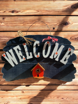  Ahşap Welcome Kapı Süsü, Kapı Panosu, Bahçe Dekoru  43x24 Cm Lacivert