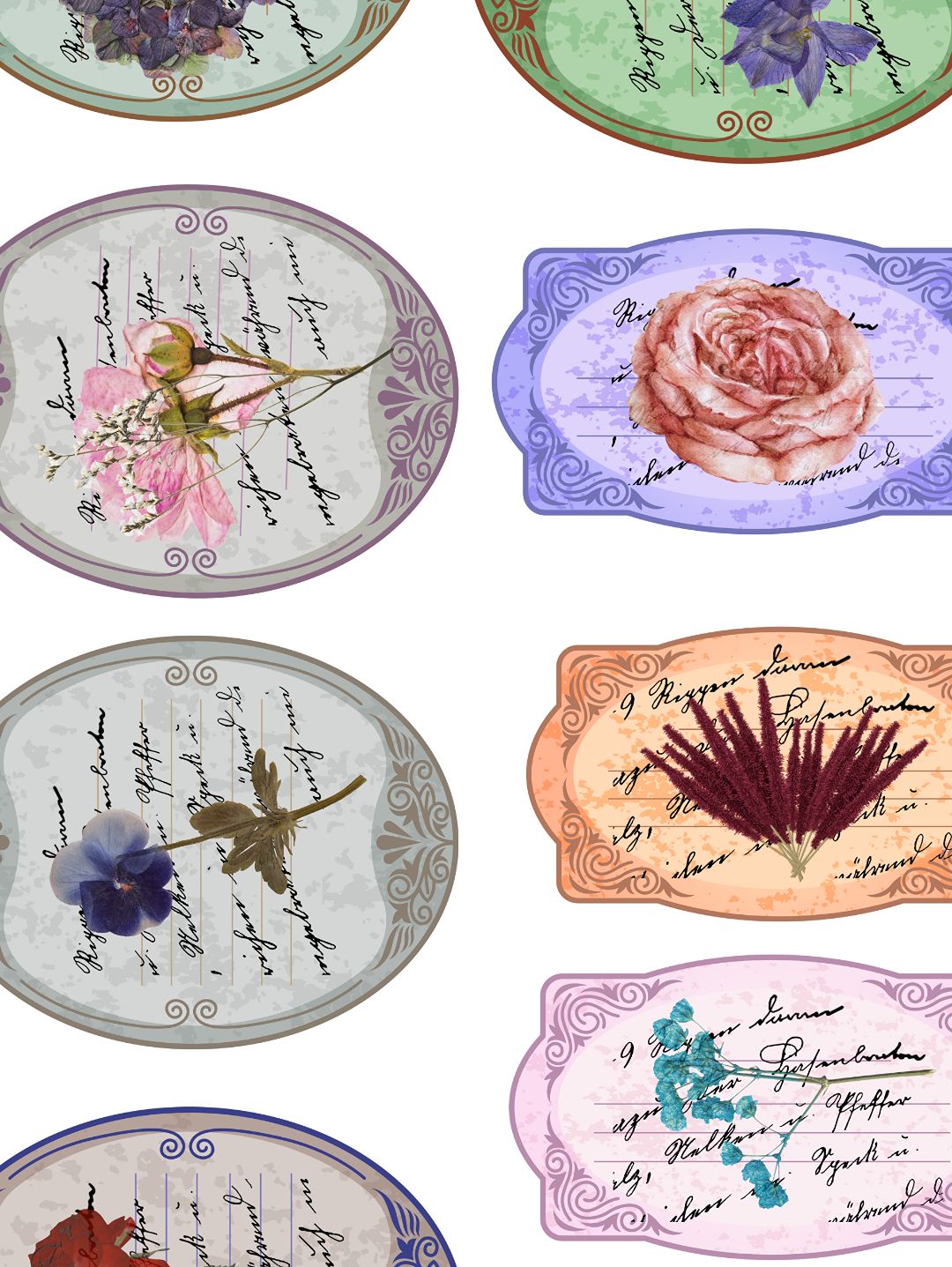 vintage-label-flower-sticker-journal-cikartma-scrapbook-cok-renkli