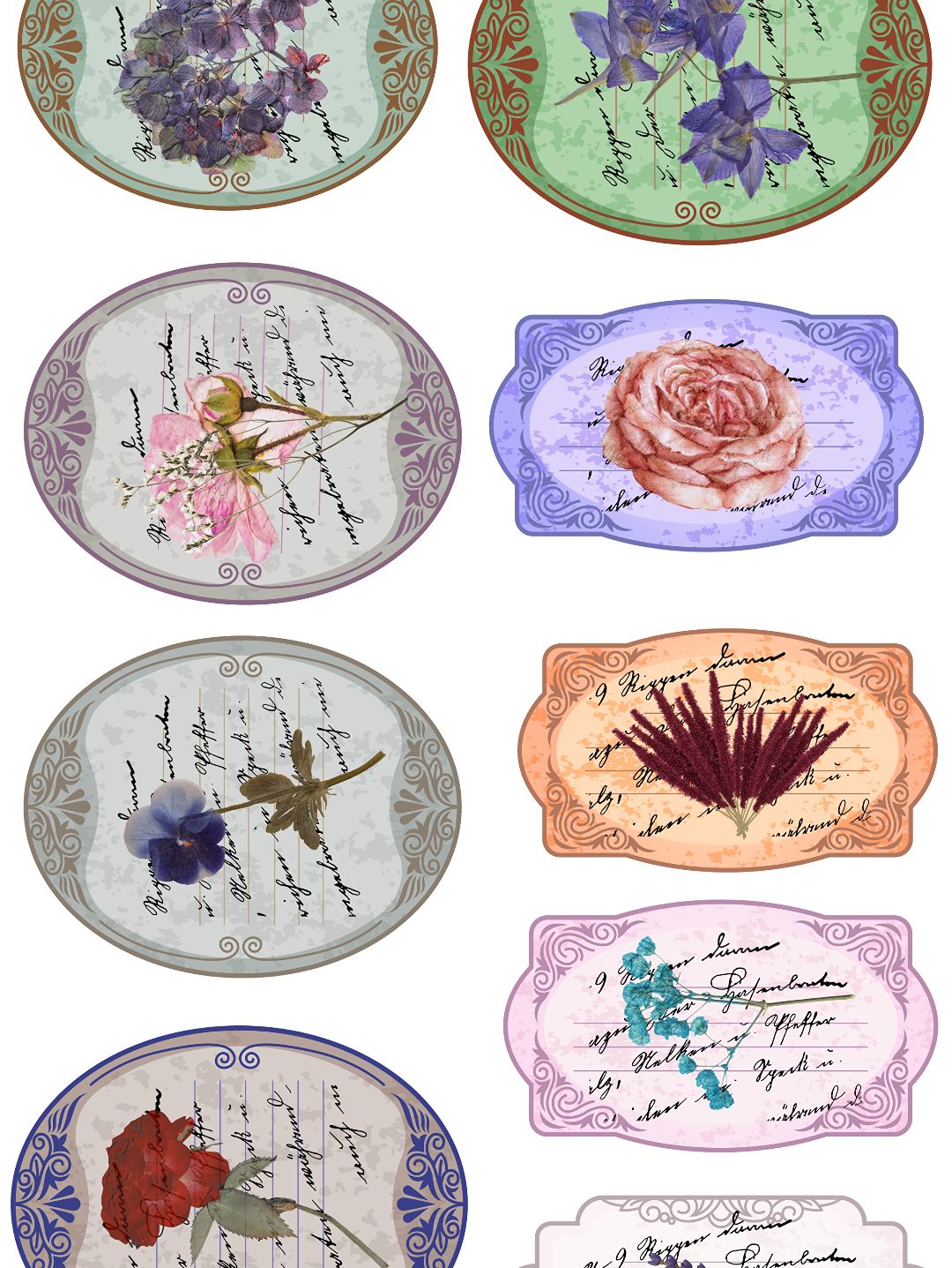 vintage-label-flower-sticker-journal-cikartma-scrapbook-cok-renkli